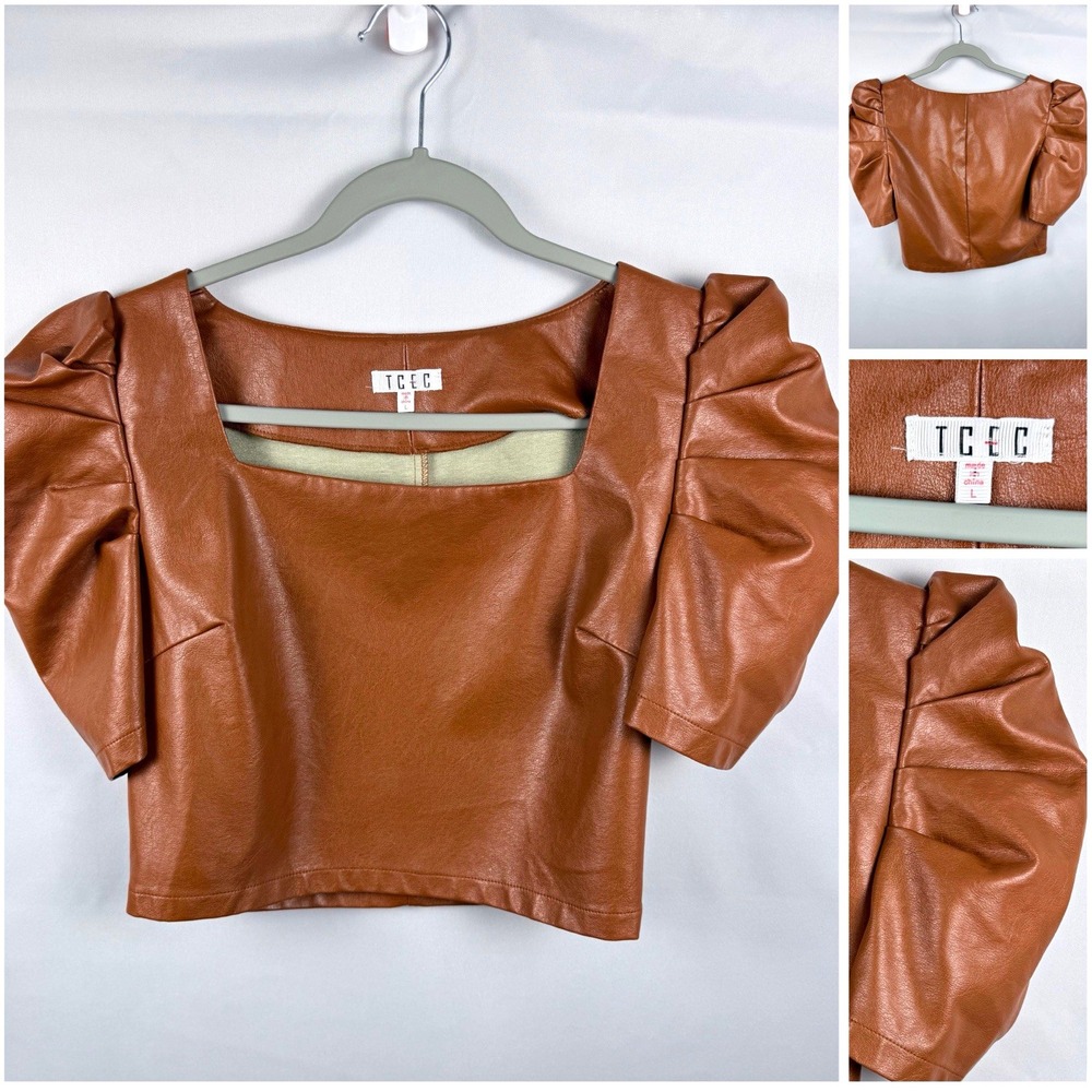 TCEC Women's Large Brown Faux Leather Puff Sleeve Crop Top